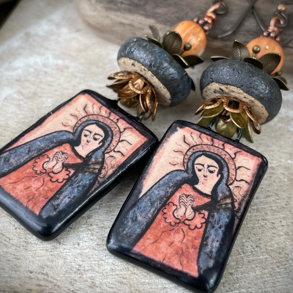 Ceramic charms statement earrings, our lady of sorrow charm earrings - Picture 5 of 5